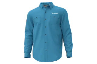 Vue de face d’une chemise à manches longues de marque Husqvarna avec poches boutonnées.