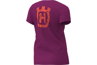 Vue arrière d’un t-shirt violet avec un grand logo orange à l’arrière.