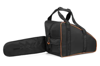 Front view of a Husqvarna carrying bag with a chainsaw protective sleeve.