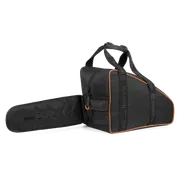 Front view of a Husqvarna carrying bag with a chainsaw protective sleeve.