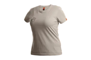 Framifrån av en enfärgad t-shirt med en diskret logotyp på bröstet.
