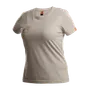 Framifrån av en enfärgad t-shirt med en diskret logotyp på bröstet.
