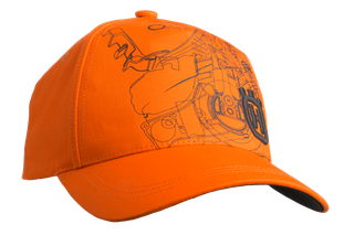 Zijaanzicht van een pet met een technische tekening, ontwerp en logo.