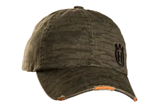 Front view of a cap with a logo on the front.
