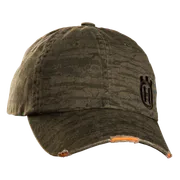 Front view of a cap with a logo on the front.