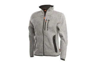 Front view of a Husqvarna branded fleece jacket with zippered pockets.