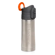 Thermos Husqvarna Xplorer - 0,35L. Vista frontale di una bottiglia d'acqua in acciaio inossidabile di marchio Husqvarna con coperchio chiuso.