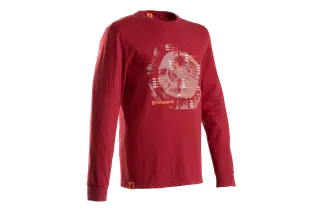 Vooraanzicht van een rood shirt met lange mouwen met Husqvarna-branding en een boomringontwerp.