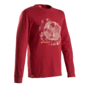 Vooraanzicht van een rood shirt met lange mouwen met Husqvarna-branding en een boomringontwerp.