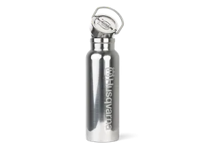 Front view of a stainless steel water bottle with Husqvarna branding and a flip-top lid.