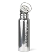 Front view of a stainless steel water bottle with Husqvarna branding and a flip-top lid.