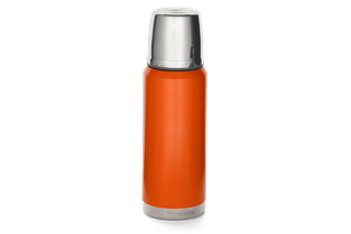 Vue de face d’une bouteille thermos avec un bouchon et une base métalliques.