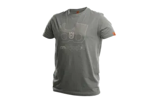 Vooraanzicht van een T-shirt met een Husqvarna kettingzaagkettingontwerp.