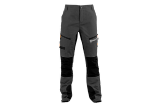 Vista frontal de calças de trabalho Husqvarna com vários bolsos.