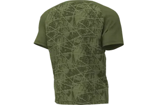 Vue arrière d’un t-shirt vert aux motifs géométriques abstraits.