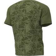 Vue arrière d’un t-shirt vert aux motifs géométriques abstraits.
