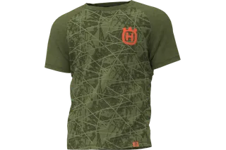 Vue de face d’un t-shirt de marque Husqvarna avec un motif graphique.