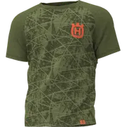Vue de face d’un t-shirt de marque Husqvarna avec un motif graphique.