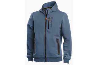 Front view of a Husqvarna branded hoodie with zippered pockets.