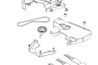 Illustration of mower components including blades, belt, and housing parts.