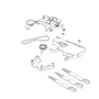 Illustration of mower components including blades, belt, and housing parts.
