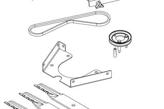 Illustration of various components of a lawn mower, including blades and a belt.