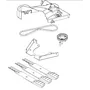 Illustration of various components of a lawn mower, including blades and a belt.