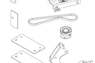 Illustration of various mechanical components, including brackets, a belt, and a pulley.