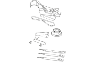 Technical drawing of various lawn mower components including blades and a belt.