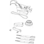 Technical drawing of various lawn mower components including blades and a belt.