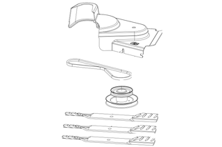 Illustration of lawn mower parts including blades, spool, and handle.