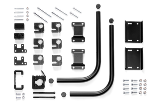 Top view of various metal components and fasteners arranged on a surface.