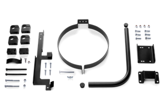 Top view of various black metal components and screws arranged on a white surface.