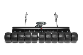 Front view of a construction tool with multiple wheels aligned in a row.