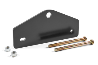 Front view of a metal mounting bracket with two bolts and nuts.