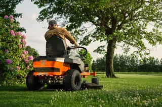A person mowing lawn with a ride-on mower in a garden.