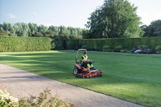 A person mowing a large lawn with a ride-on mower in a well-maintained garden.