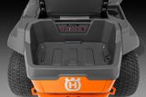 Top view of a Husqvarna ride-on mower showcasing the battery compartment.