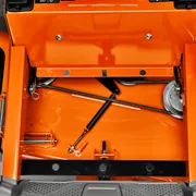 Top view of the interior mechanics of a Husqvarna ride-on mower.