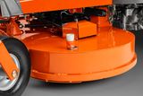 Close-up view of a commercial front mower's cutting deck.