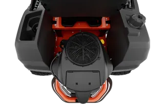 Top view of a Husqvarna ride-on mower showcasing the engine compartment.