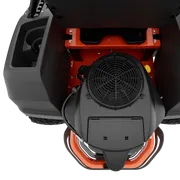 Top view of a Husqvarna ride-on mower showcasing the engine compartment.