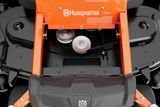 Top view of a Husqvarna commercial front mower showcasing its cutting deck and internal components.