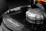 Close-up view of a lawn mower's cutting deck with 'ClearCut Electric' branding.