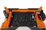 Top view of a Husqvarna commercial front mower's footplate with pedal controls.