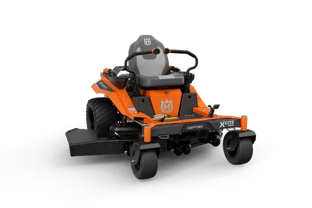 Front view of a Husqvarna zero-turn ride-on mower with a cutting deck.