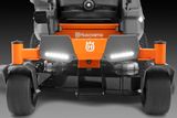 Rear view of a Husqvarna battery zero-turn with cutting deck.