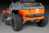 Rear view of a Husqvarna battery zero-turn with cutting deck.