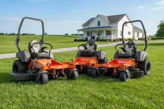 Three Husqvarna ride-on mowers parked on a grassy lawn in front of a house.
