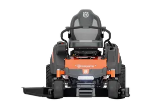 Front view of a Husqvarna ride-on mower showcasing its design and structure.
